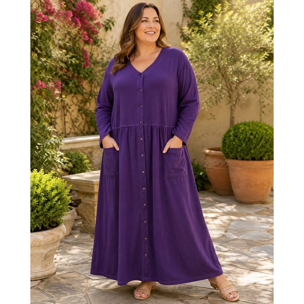 Only Necessities Purple Maxi Dress 1X 22/24 Button Front Pocket Plus Size